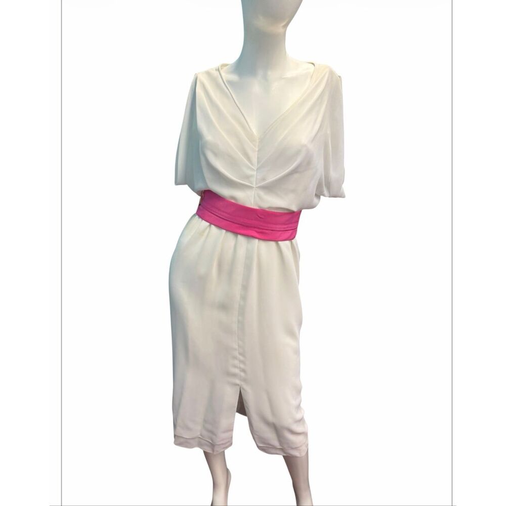 TALLY off White Chiffon Goddess Belted Dress Women’s Size Small Vintage 80’s